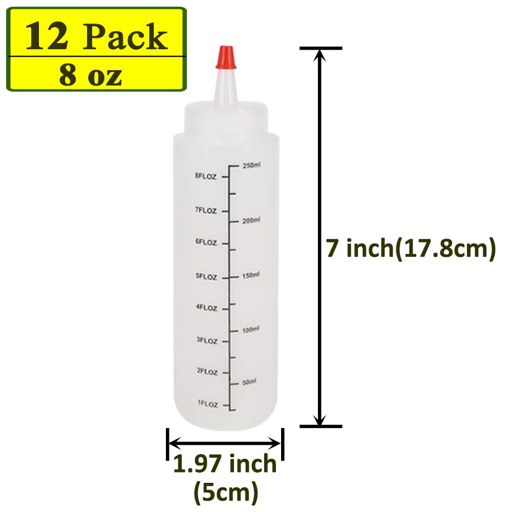 Belinlen 12 Pack 8-Ounce Plastic Squeeze Bottles With Red Tip Caps And Measurement - Good For Crafts, Art, Glue, Multi Purpose S